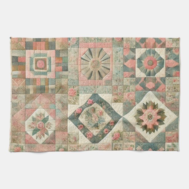 Green Blush Pink Patchwork Quilt Rustic Floral  Kitchen Towel (Horizontal)