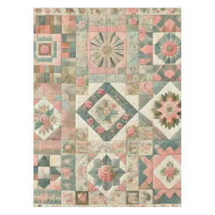 Green & Blush Pink Patchwork Quilt Vintage Floral Tablecloth