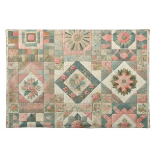 Green Blush Pink Patchwork Rustic Vintage Floral  Cloth Placemat