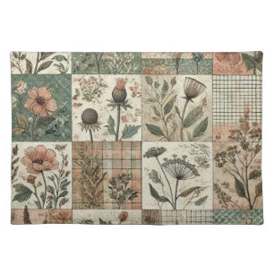 Green Blush Pink Patchwork Rustic Vintage Floral  Cloth Placemat