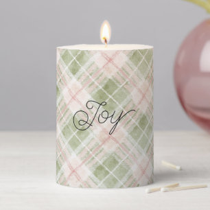 Green Blush Pink Plaid Stripes Pillar Candle