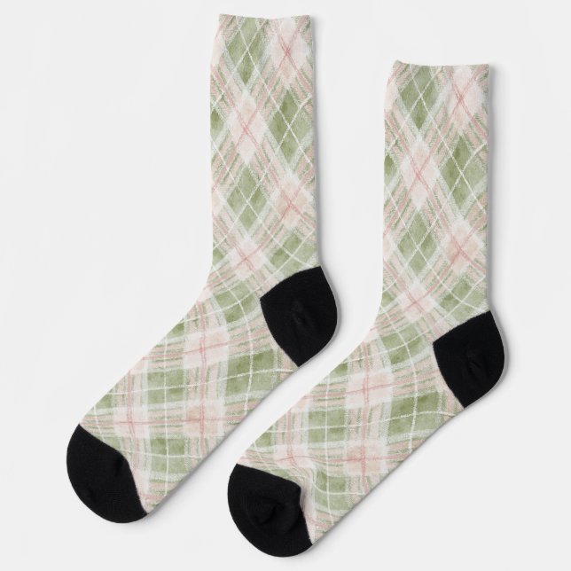 Green Blush Pink Plaid Stripes Socks (Left)