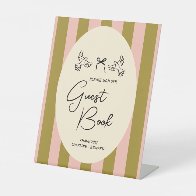 Green Blush Pink Striped Wedding Guestbook Sign (Front)