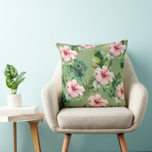 Green Blush Pink Tropical Leaves Hibiscus Flowers Throw Pillow