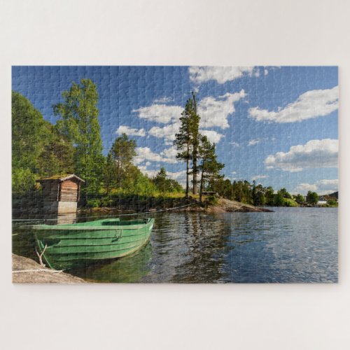 Green boat in a fjord landscape in Norway Jigsaw Puzzle