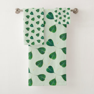 Green Bodhi Leaves on Light Green Bath Towel Set