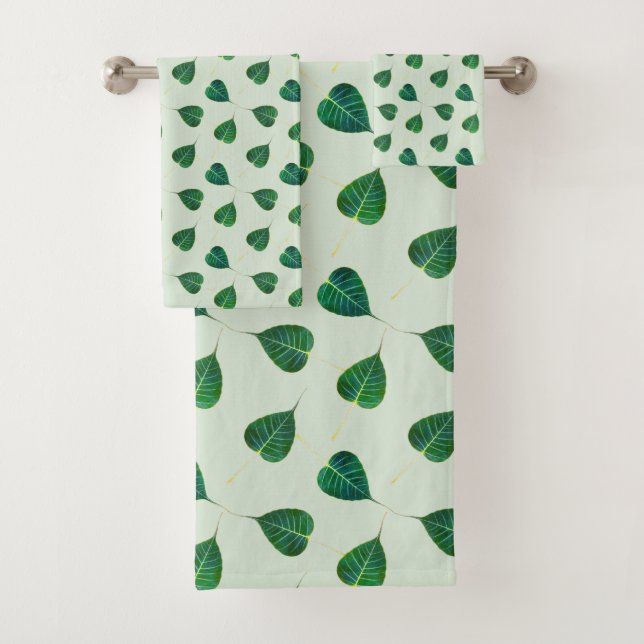Green Bodhi Leaves on Light Green Bath Towel Set (Insitu)