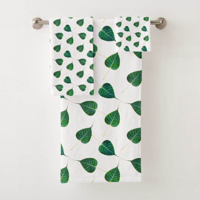 Green Bodhi Leaves on White Bath Towel Set (Insitu)