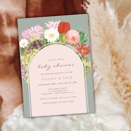 Green Boho Arch Cactus Bloom Desert Baby Shower  Invitation