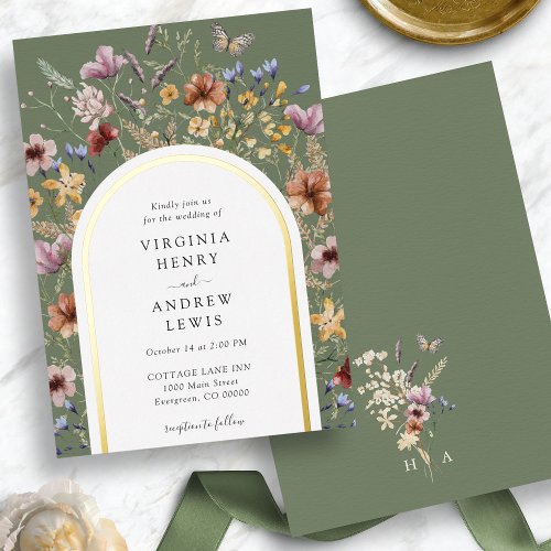 Green Boho Arch Wedding Invitation Foil Invitation