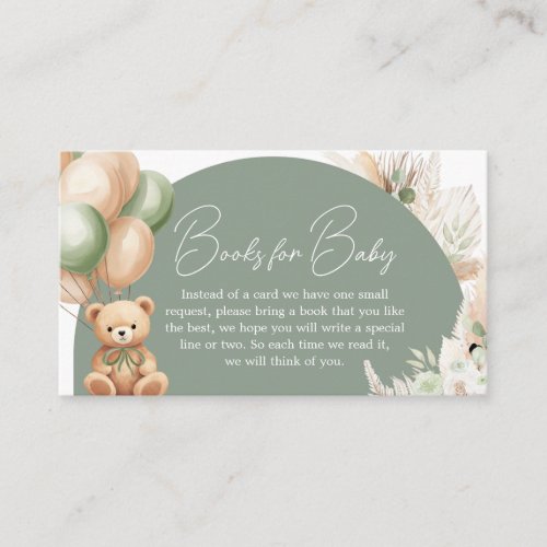 Green Boho Bear Balloon Baby Shower Books for Baby Enclosure Card