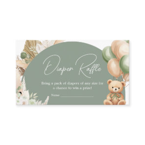 Green Boho Bear Balloon Baby Shower Diaper Raffle Enclosure Card