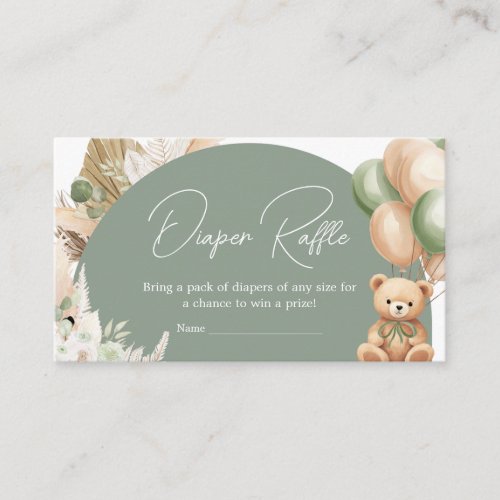 Green Boho Bear Balloon Baby Shower Diaper Raffle Enclosure Card