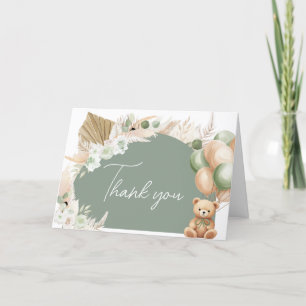 Green Boho Bear Balloon Baby Shower Letterpress Thank You Card