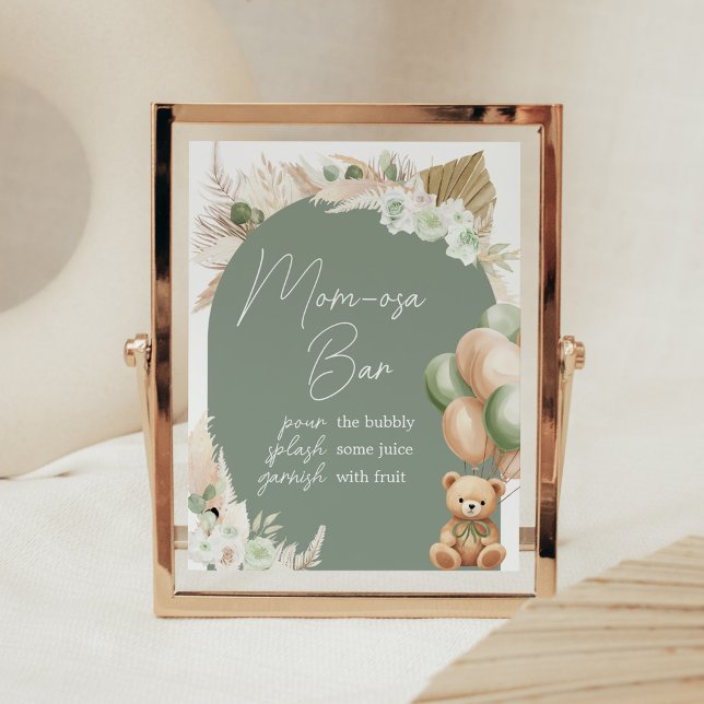 Green Boho Bear Balloon Baby Shower Mom Osa Bar Poster (Sage Green Balloons Baby Shower Mom Osa Bar Sign)