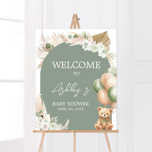 Green Boho Bear Balloon Baby Shower Welcome Poster