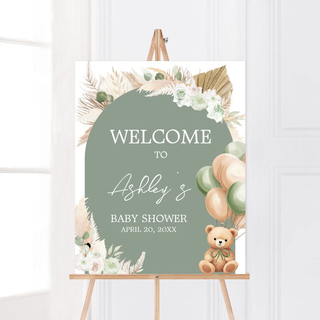 Green Boho Bear Balloon Baby Shower Welcome Poster (Sage Green Balloons Baby Shower Welcome Sign)