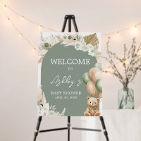 Green Boho Bear Balloon Baby Shower Welcome Sign