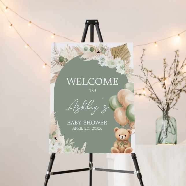 Green Boho Bear Balloon Baby Shower Welcome Sign (In Situ (Stand))