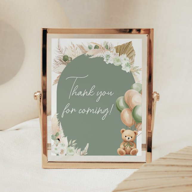 Green Boho Bear Balloon Baby Thank you for Coming Poster (Sage Green Balloons Baby Shower Thank you for Coming Sign)