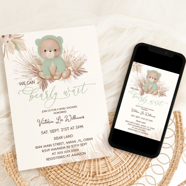 Green Boho Bearly Wait Baby Shower Invitation (Creator Uploaded)