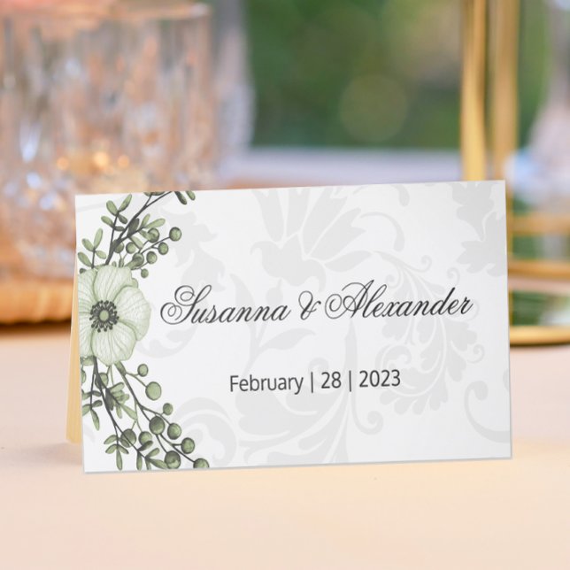 Green Boho Berry Wreath Gray Damask Wedding Place Card (Creator Uploaded)