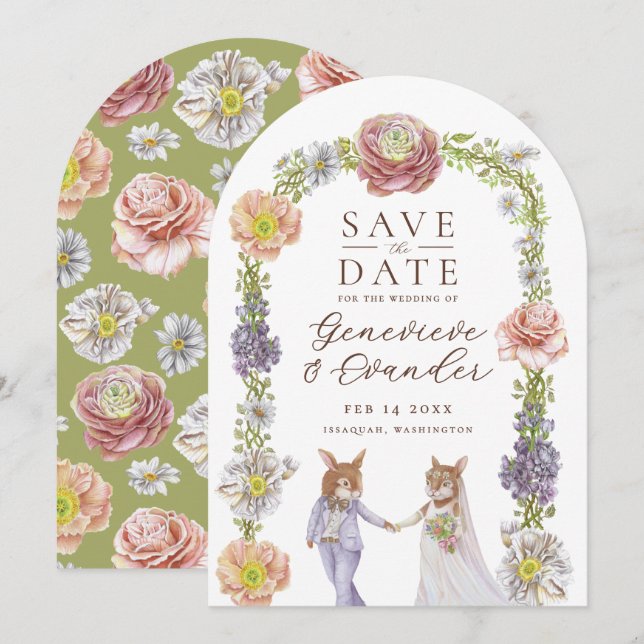 Green Boho Bunny Rabbit Love Floral Wedding Save The Date (Front/Back)