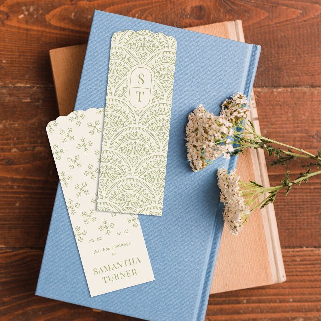 Green Boho Chic Scallop Pattern Monogram Bookmark (Creator Uploaded)