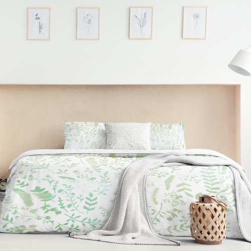 Green Boho Floral and Feathers Duvet Cover