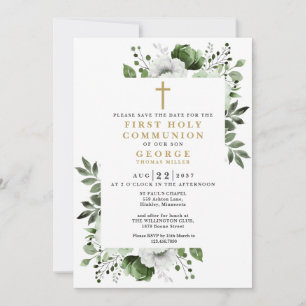 Green Boho Floral Botanical First Holy Communion Save The Date