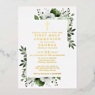 Green Boho Floral First Holy Communion Gold Foil Invitation