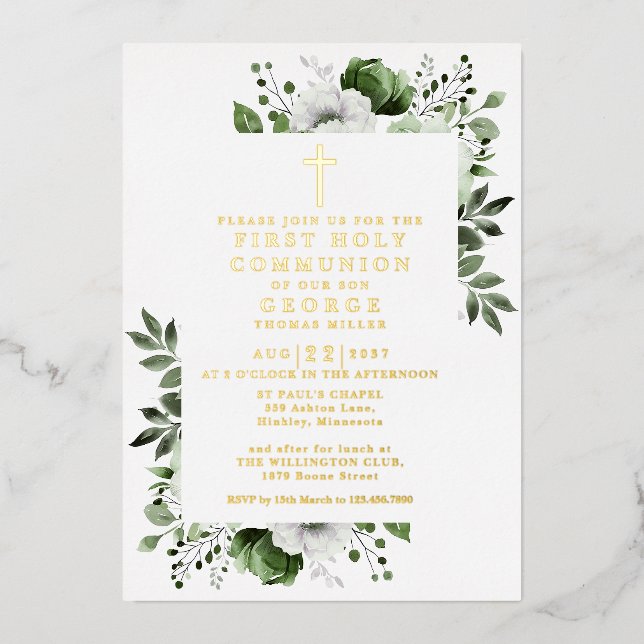 Green Boho Floral First Holy Communion Gold Foil Invitation (Front)