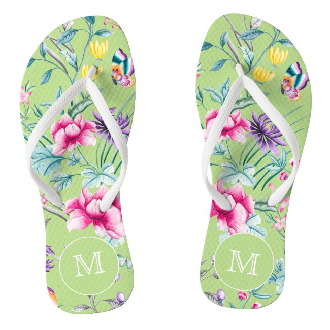Green Boho Floral Monogram Flip Flops