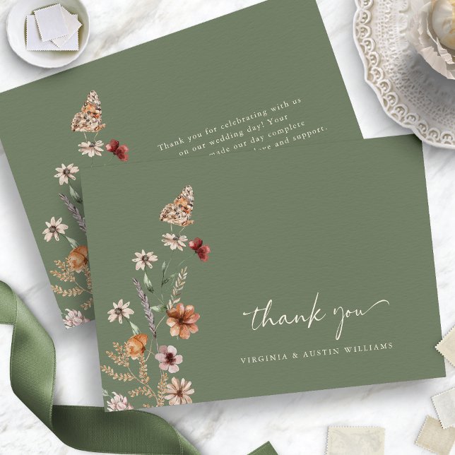 Green Boho Floral Wedding Thank You Card (Sage Green Boho Floral Wedding Thank You Card with Butterfly by Painted Paperie
)