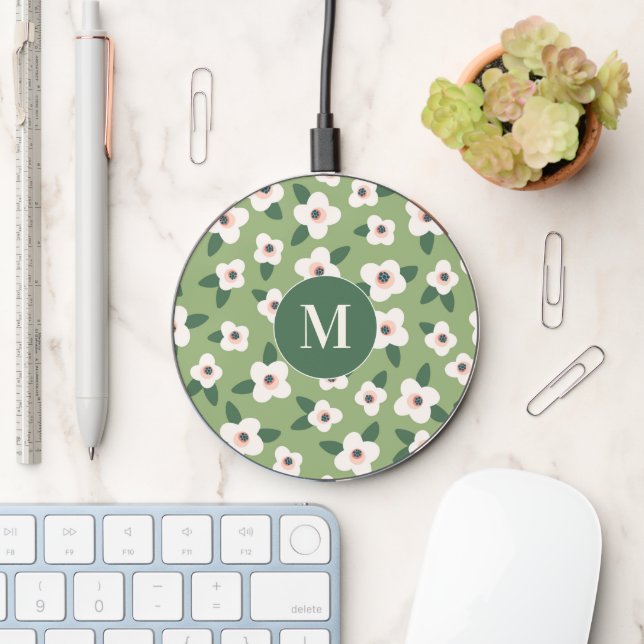 Green Boho Floral Wireless Charger (Desk)