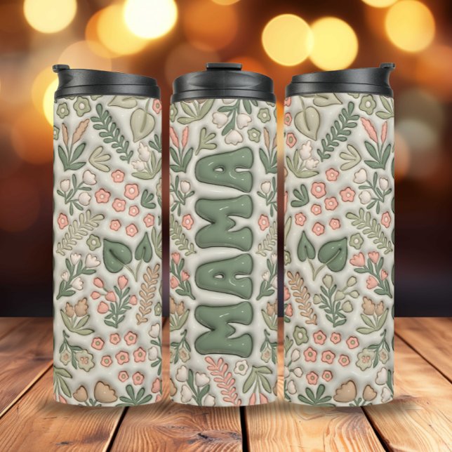 Green Boho Flowers 3d Inflated Mama Thermal Tumbler (3D Inflated Green Boho Flowers Mama Thermal Tumbler)