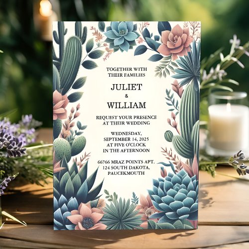 Green Boho Leaf Desert Cacti Succulent Wedding Invitation