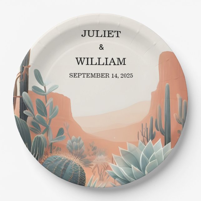 Green Boho Leaf Desert Cacti Succulent Wedding Paper Plates (Front)