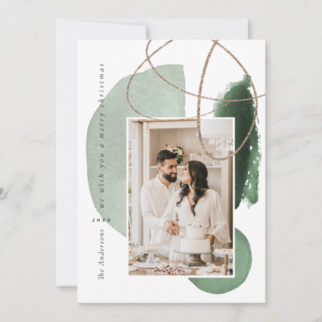 Green Boho Modern Geometric Photo Holiday Card (Front)