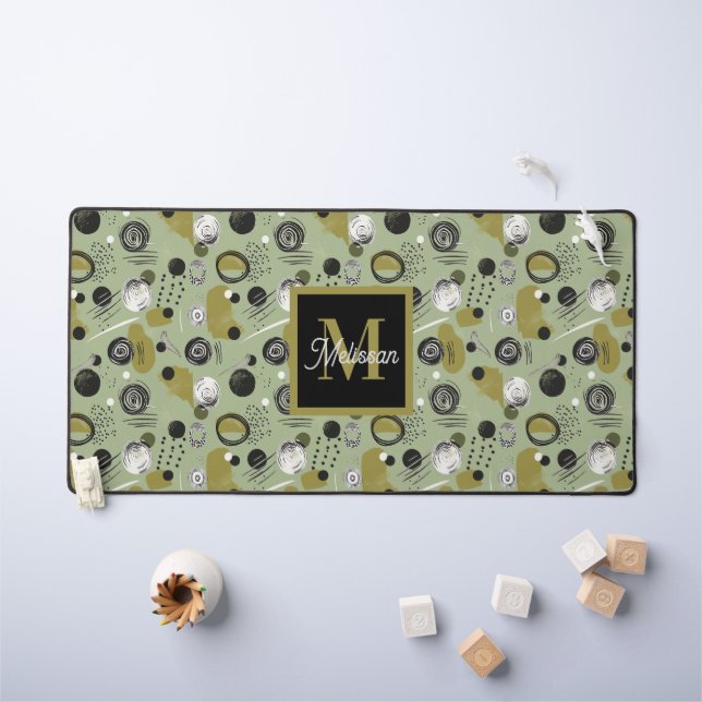 Green Boho Pattern Monogram Name  Desk Mat (Kids Table)