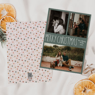Green Boho Polka Dot Christmas Classic Three-Photo Holiday Card