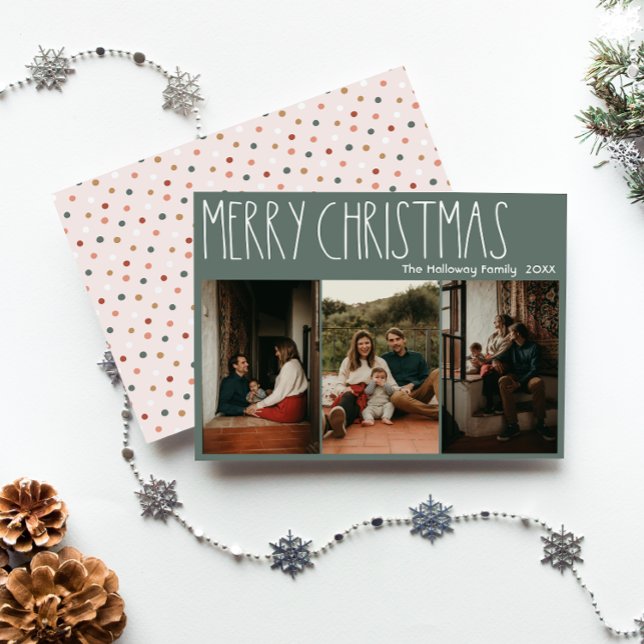 Green Boho Polka Dot Christmas Three-Photo Holiday Card (Creator Uploaded)