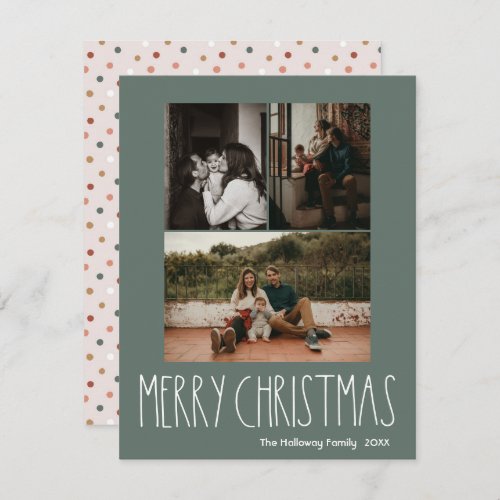 Green Boho Polka Dot Christmas Vertical 3 Photo Holiday Card