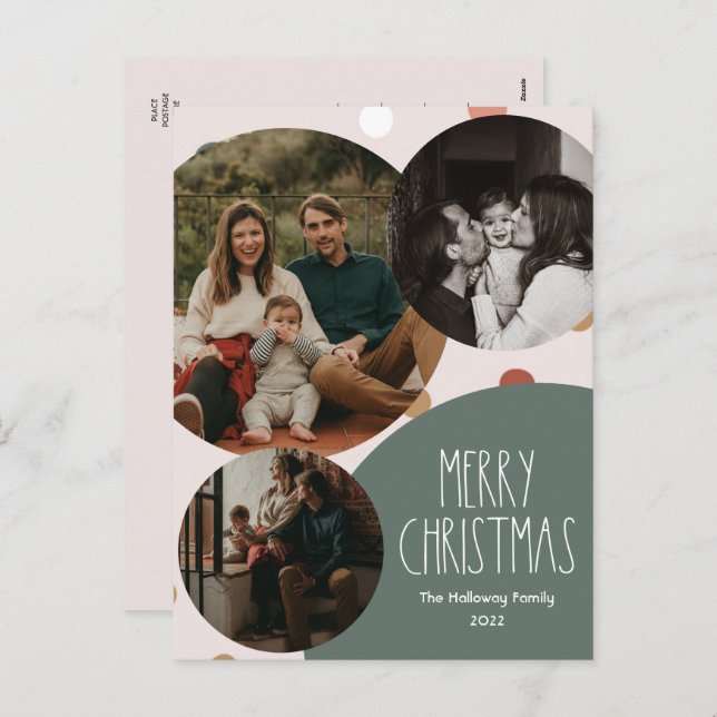 Green Boho Polka Dot Christmas Vertical 3-Photo Holiday Postcard (Front/Back)