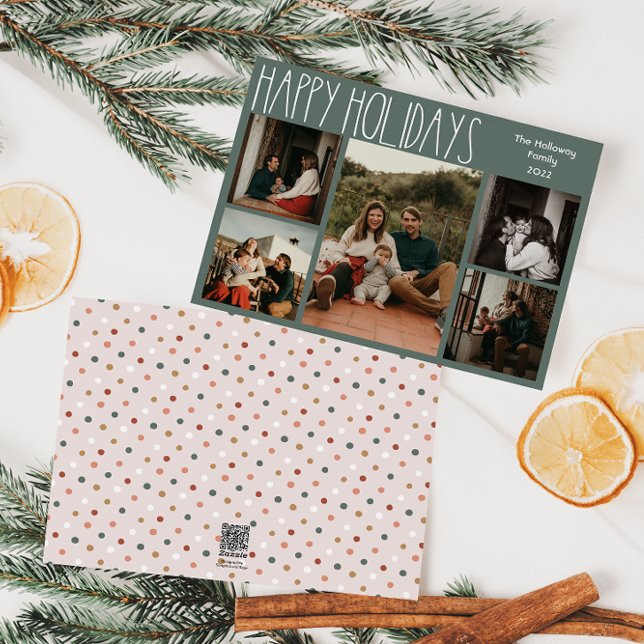 Green Boho Polka Dot Five-Photo Holiday Card (Creator Uploaded)