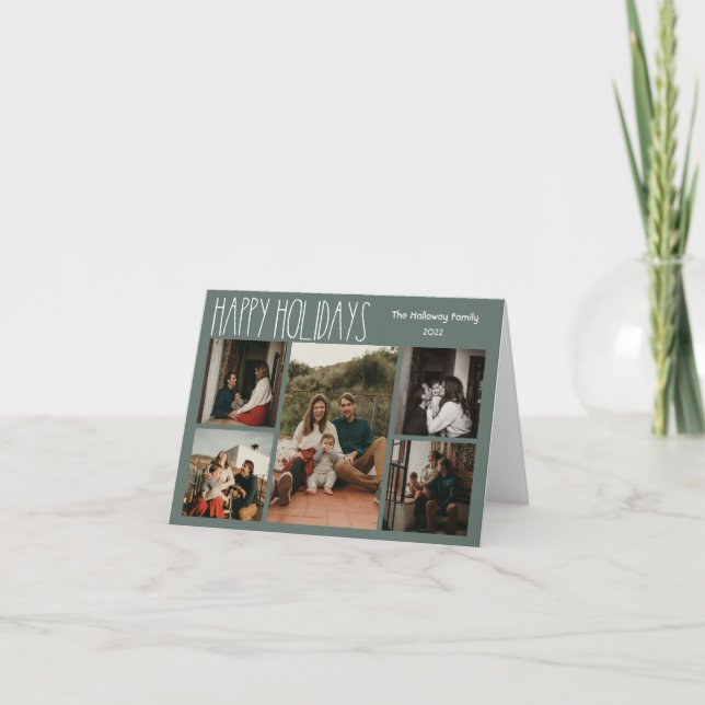 Green Boho Polka Dot Folded Five-Photo Holiday Card (Front)