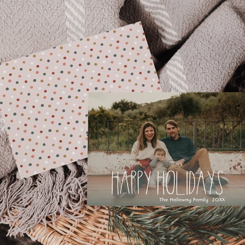 Green Boho Polka Dot Happy Holidays Full Photo Holiday Card