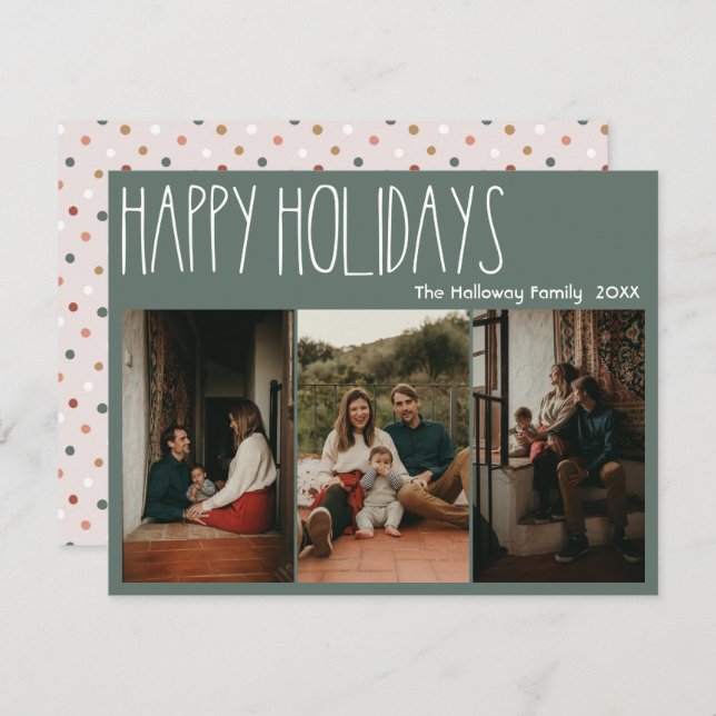 Green Boho Polka Dot Happy Holidays Three-Photo Holiday Card (Front/Back)