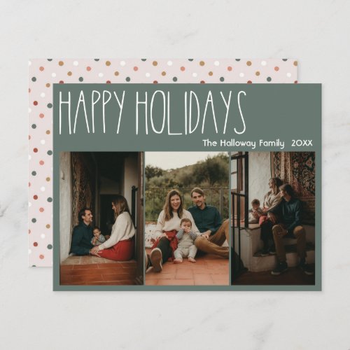 Green Boho Polka Dot Happy Holidays Three_Photo Holiday Card