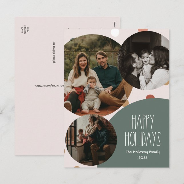 Green Boho Polka Dot Vertical 3-Photo Holiday Postcard (Front/Back)